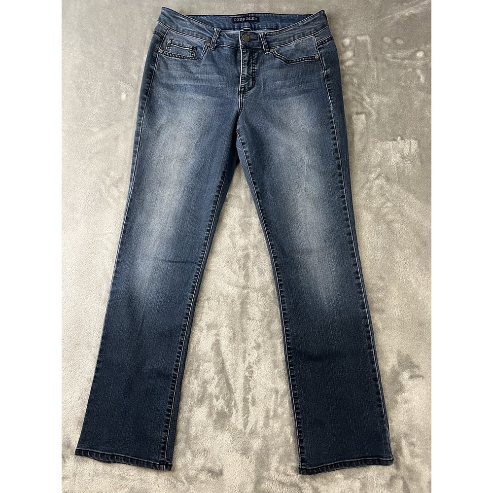 Code Bleu Women's Medium Wash Blue Denim Straight Slim Jeans Studded 5P Size 8
